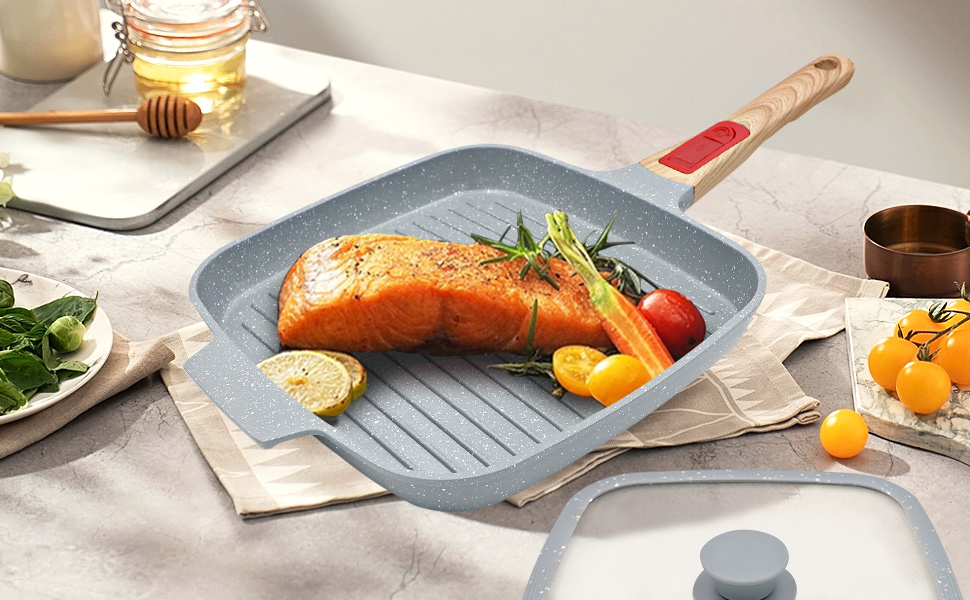 Сковорода-гриль індукційна з кришкою 26 x 24 см, антипригарне покриття кераміка, ручка знімна, для всіх типів плит (Блакитна)