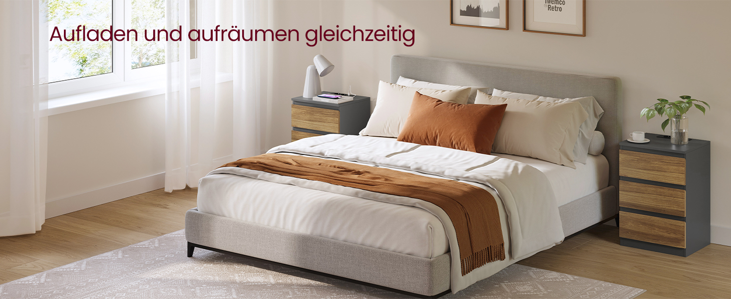 Приліжкові тумбочки VASAGLE Kailyn (2 шт.) з розетками, 3 шухляди, сірий + коричневий, LET831G01