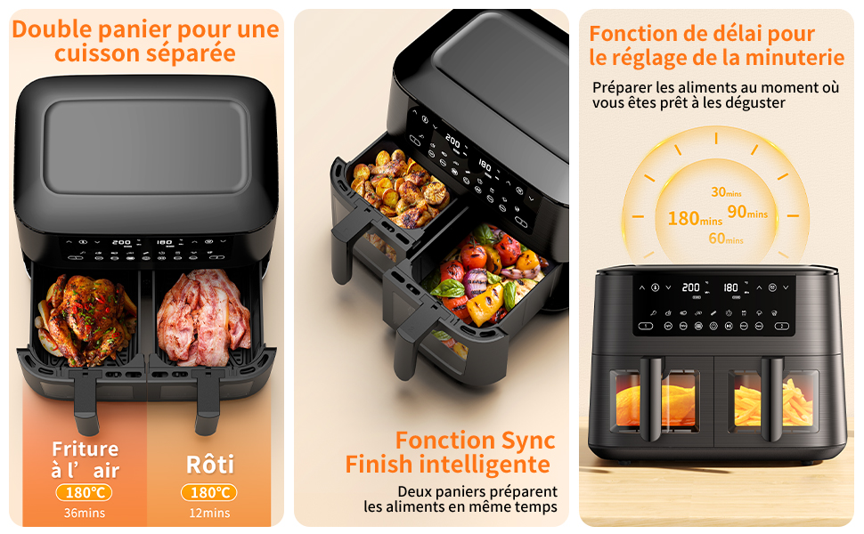 Аерофритюрниця з двома камерами та вікном перегляду 9л, Airfryer 9-в-1 з сенсорним керуванням, антипригарне покриття, для здорового приготування без олії