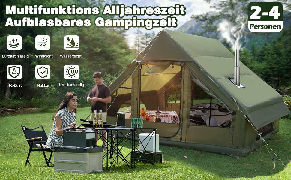 Надувний кемпінговий намет з димарем та вікном, для 2-10 осіб з насосом, з водонепроникної тканини Oxford, швидке встановлення (4 особи, зелений)