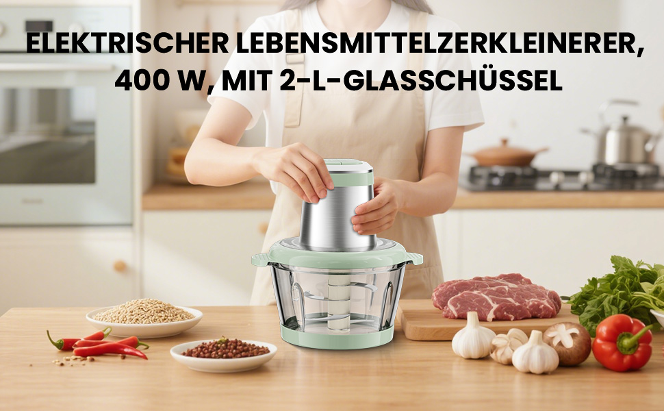 Електричний подрібнювач для кухні ESoundvol 400W з чашею 2л та 4 лезами з нержавіючої сталі - для м'яса, овочів, горіхів, дитячого харчування