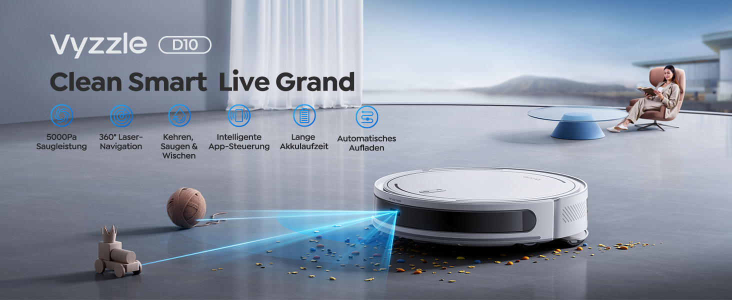 Робот-пилосос Vyzzle 5000Pa з функцією миття, LDS-навігація, D10, керування через додаток/Alexa, для шерсті тварин, килима, твердих підлог, білий