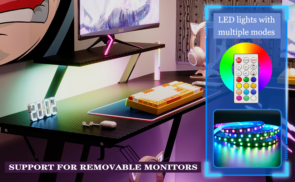 Ігровий кутовий стіл Devoko 130x130 см з LED RGB-підсвіткою, підставкою для монітора та гачком для навушників, карбоновий білий