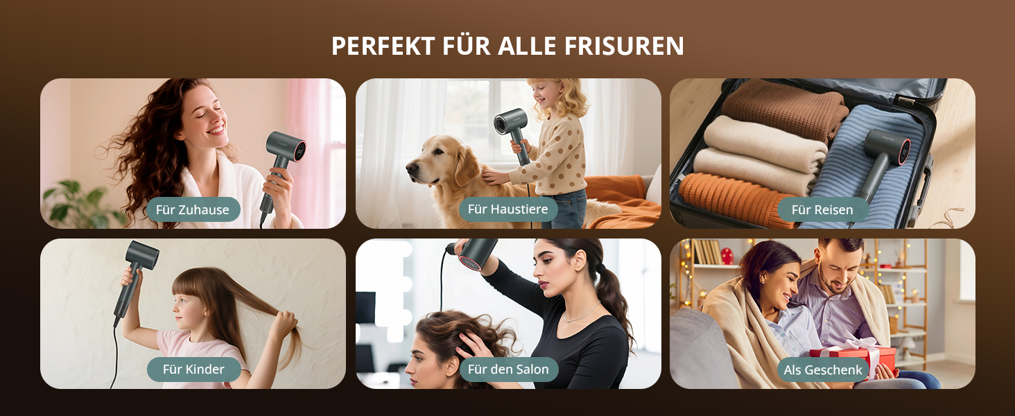 Іонний фен для волосся з безщітковим мотором 180 000 об/хв, компактний дорожній фен з 4 режимами температури та захистом від перегріву, сірий