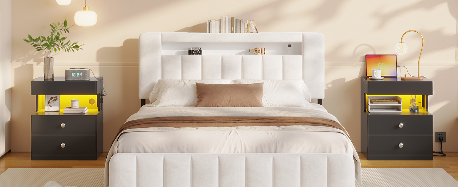 Нічний столик AOGLLATI з прихованим відділенням, розеткою та LED-підсвічуванням, 2 шухляди, висувний ящик, полиця, глянцева поверхня (40x35x59 см, чорний, 2)