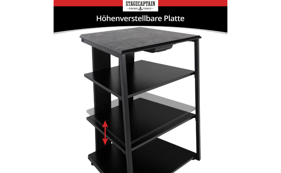 Регульована стійка Stagecaptain для Hi-Fi обладнання з 4 рівнями, чорне дерево, сталевий каркас, витримує до 50 кг