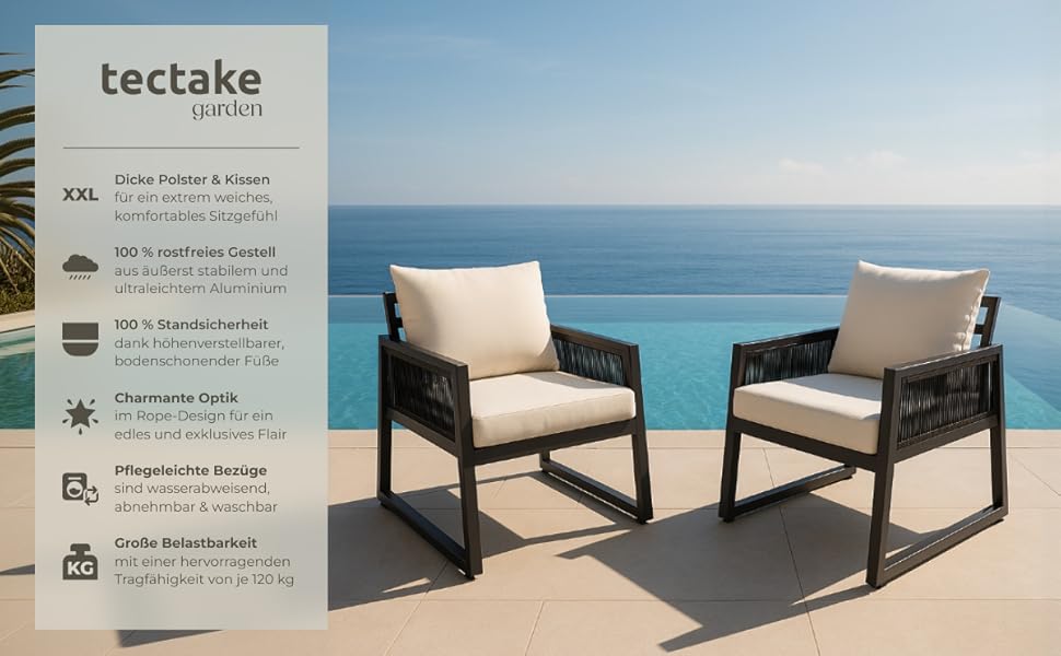 Набір садово-розкладних меблів tectake® Rope Design: 2 крісла, диван, стіл, подушки, для саду/балкону, 4 посадочні місця, вологостійкий, стиль 3