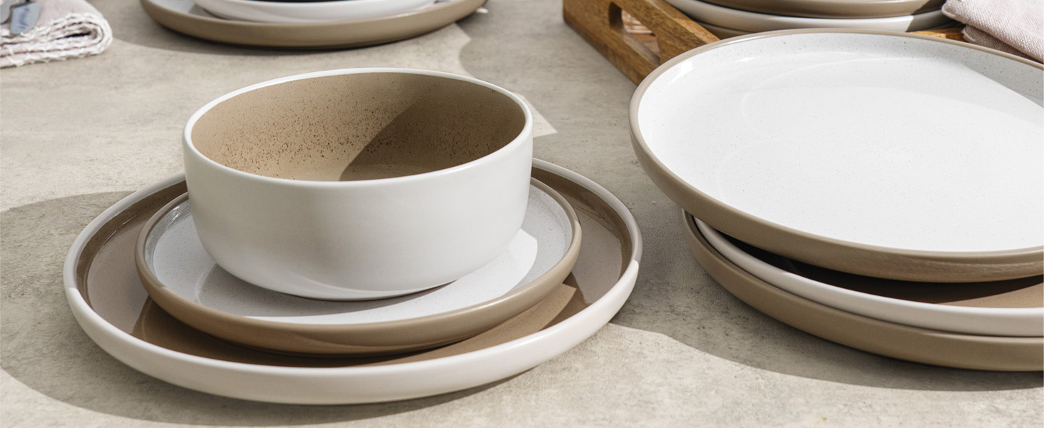 Набір посуду Hausfelder для 8 осіб (32 елементи) – сервіз з тарілок, мисок та чашок, кераміка, бежевий (Nordic Sand), стійкий до миття в посудомийній машині