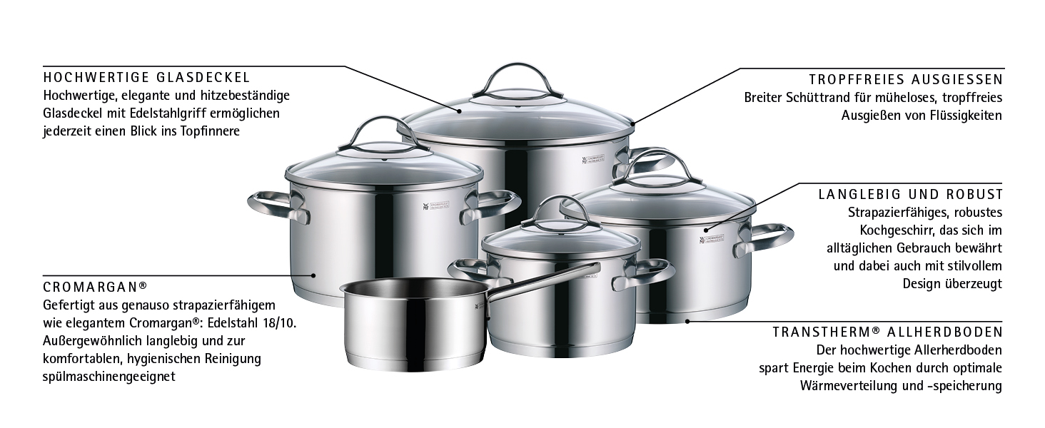 Каструля WMF Provence Plus 16 см зі скляною кришкою, 2 л, сталь Cromargan, для індукційних плит та духової шафи