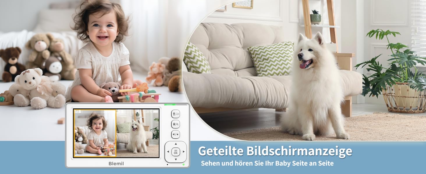 Відеоняня Blemil з 2 камерами, 4.3'' IPS монітором Split-Screen, зумом 2X та акумулятором на 29 годин, функція повороту та нахилу (без Wi-Fi)