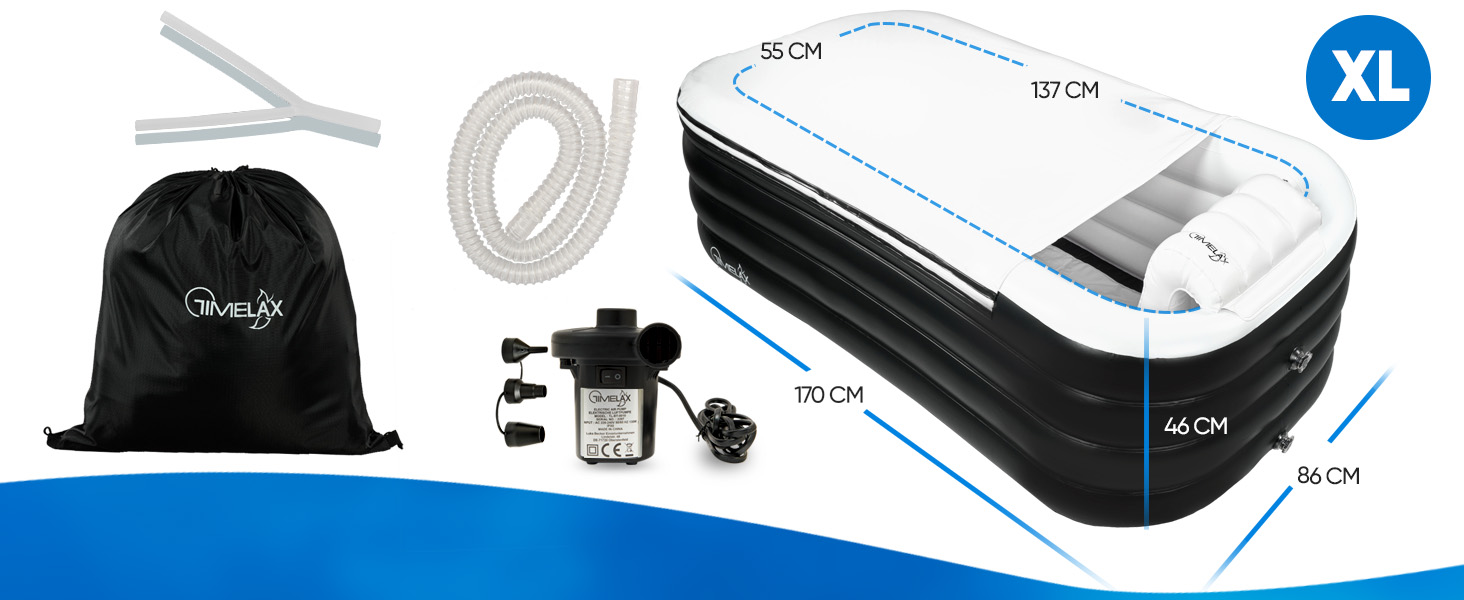 Надувна ванна TIMELAX® XL з ергономічною спинкою, 0,5 мм PVC, без BPA | Мобільна ванна для дорослих, чорна