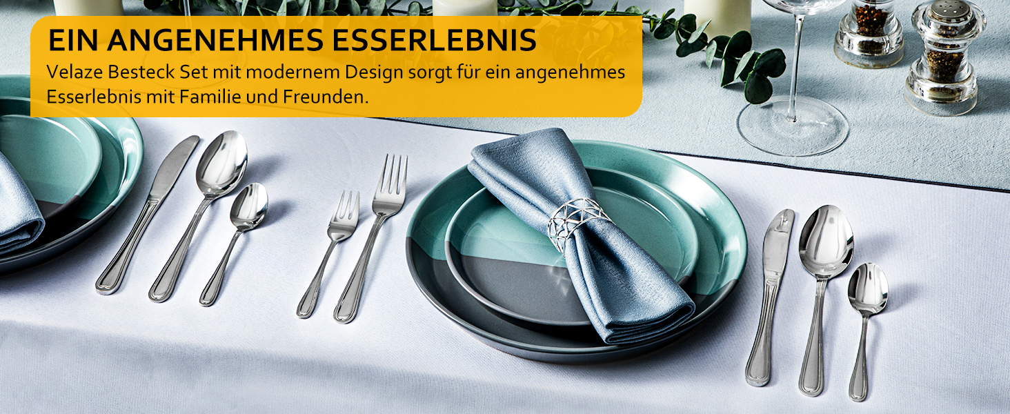 Набір столових приборів Velaze на 12 осіб (60 предметів) з нержавіючої сталі. Включає: 12 ножів, виделок, ложок, чайних ложок, виделок для тортів. Полірування, придатний для миття в посудомийній машині.