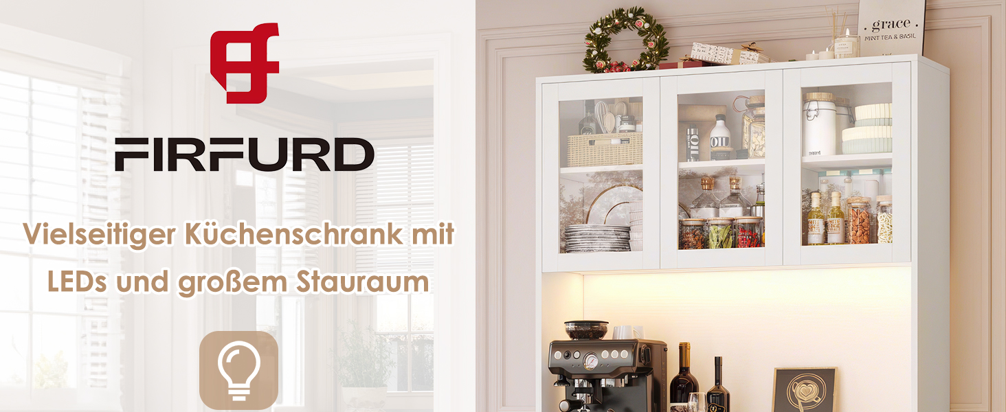 Кухонна шафа FirFurd з LED-підсвічуванням, буфет, комод з робочою поверхнею, 3 висувні ящики, регульована полиця, 180x100x38.5 см (білий)