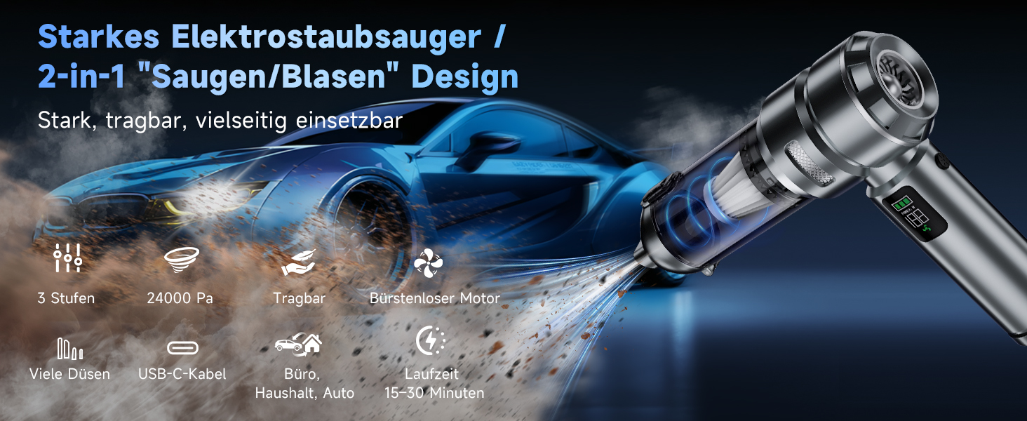 Акумуляторний ручний пилосос 24000Па для авто та дому, бездротовий міні-пилосос з функцією повітряного насоса та обдуву, 6000mAh, сріблясто-фіолетовий