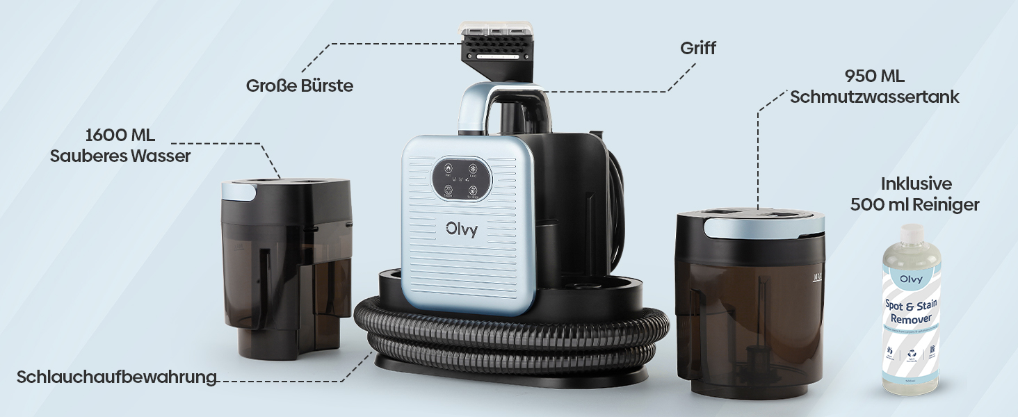 Olvy Teppichreiniger PRO: професійний пароочисник для килимів та м'яких меблів, 1650W. Включає миючий засіб. Підходить для чищення диванів, матраців та оббивки.