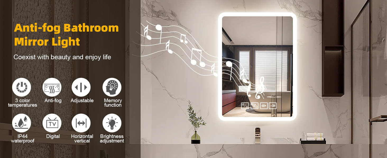 Дзеркало для ванної кімнати з підсвіткою 50x70 см з Bluetooth, годинником, функцією проти запотівання та сенсорним вимикачем