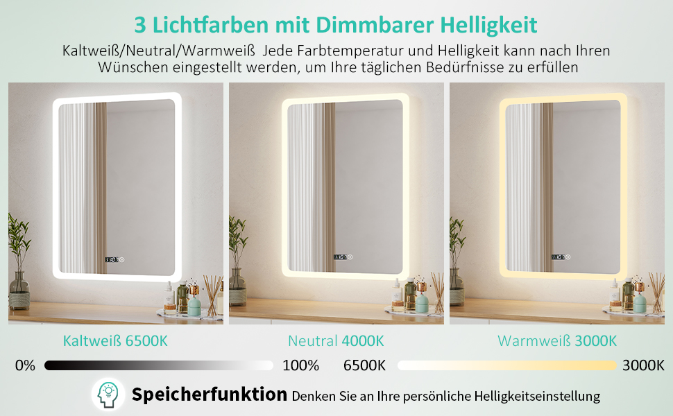 Дзеркало для ванної кімнати з підсвічуванням та годинником Boromal 50x70 см, диммер, 3 кольори світла, 2470 лм