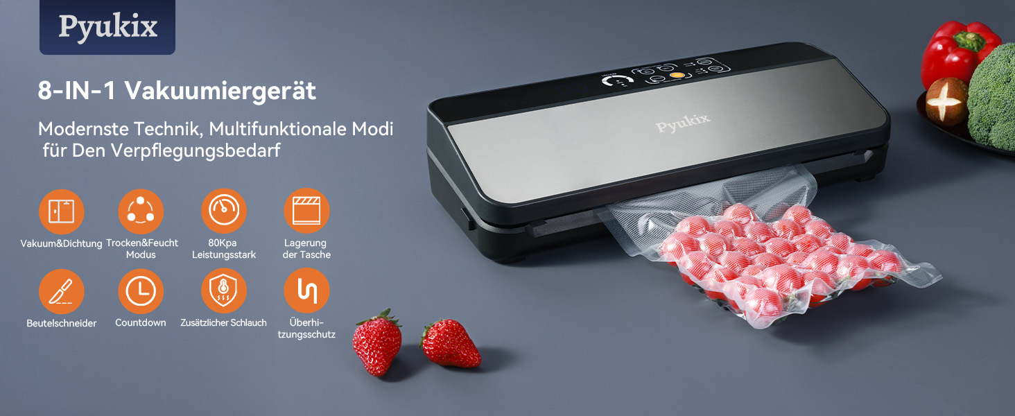 Вакууматор 8-в-1 для продуктів з потужністю 80 КПа, режимами «сухий/вологий», вбудованим різаком та відсіком для пакетів, цифровим таймером, нержавіюча сталь (комплект: шланг, 2 рулони, 11 пакетів)