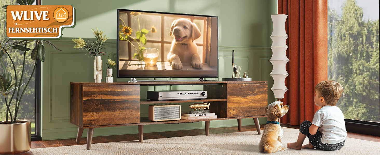 Тумба під телевізор WLIVE 160x40x47 см з двома дверцятами та відкритими полицями, вітальня, спальня, вінтажний коричнево-чорний