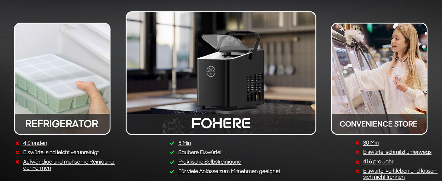 Льодогенератор Fohere 14 кг/24 год, швидке виробництво льоду (5 хв), 2 розміри кулеподібного льоду, самоочищення, з ручкою, лопаткою та кошиком для вечірок, офісу, кемпінгу - Чорний
