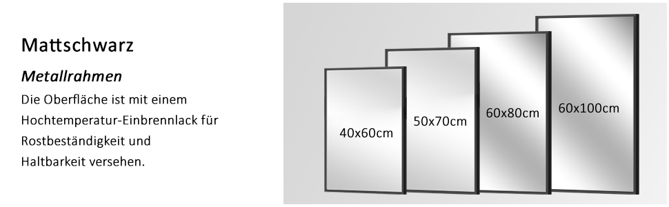 Дзеркало Boromal Spiegel Schwarz 100x60 см прямокутне з металевою рамою для ванної кімнати, спальні, туалетного приміщення. Чорний настінний дзеркало 60L x 100B cm