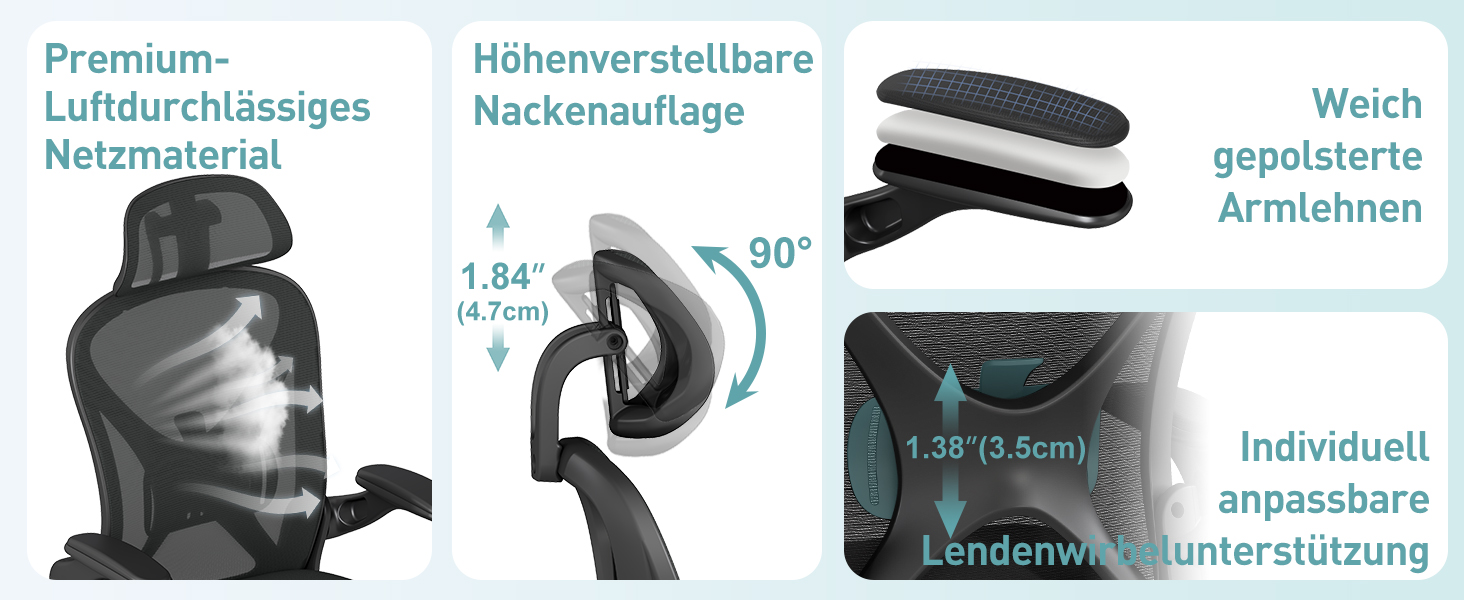 Ергономічне крісло для офісу ZZH, сітчасте крісло з регульованою поперековою підтримкою та підйомними підлокітниками, дихаючий комп'ютерний стілець для дому з обертанням на 360° та регулюванням висоти (Чорний – з підголівником)