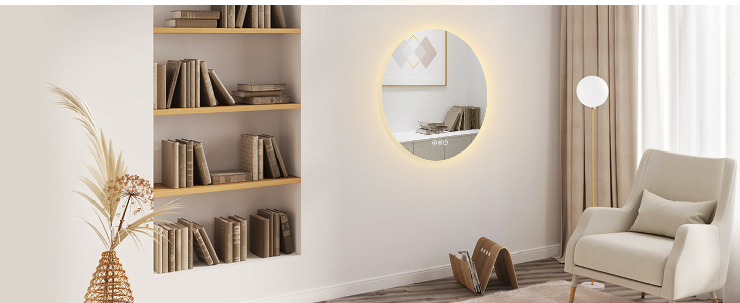 Дзеркало для ванної кімнати EMKE з підсвічуванням, діаметр 50 см, регульоване холодне біле світло, функція пам'яті, вимикач, IP44, енергозберігаюче, з підсвічуванням ззаду, дзеркало для ванної кімнати (3 кольори світла + проти запотівання, 80 x 80 см)