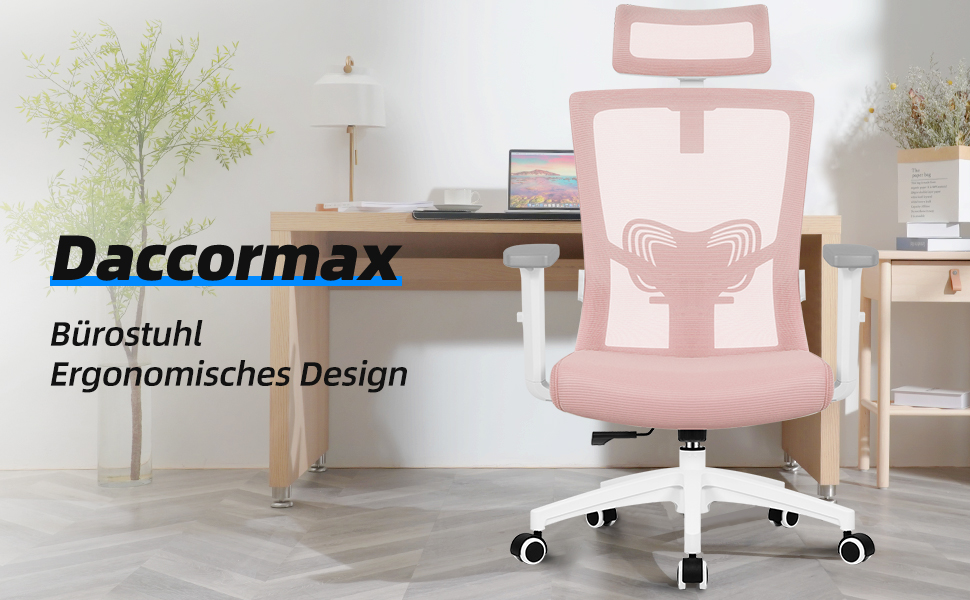 Ергономічне крісло Daccormax для офісу: регульована підголовник, підлокітники, підтримка попереку, поворотний механізм, функція гойдання, офісне крісло з сітки, для спини, 150 кг, блакитний (рожевий)