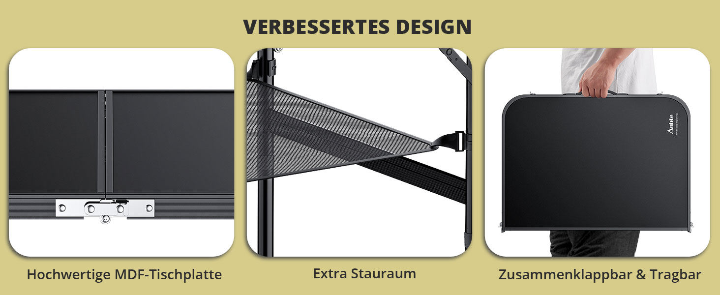 Розкладний стіл для кемпінгу Anbte Алюмінієвий 90x60 см (ДхШ) 2 висоти регулюється за допомогою сітки для зберігання Портативна валіза Стіл для вечірок у саду в приміщенні та на відкритому повітрі (чорний)