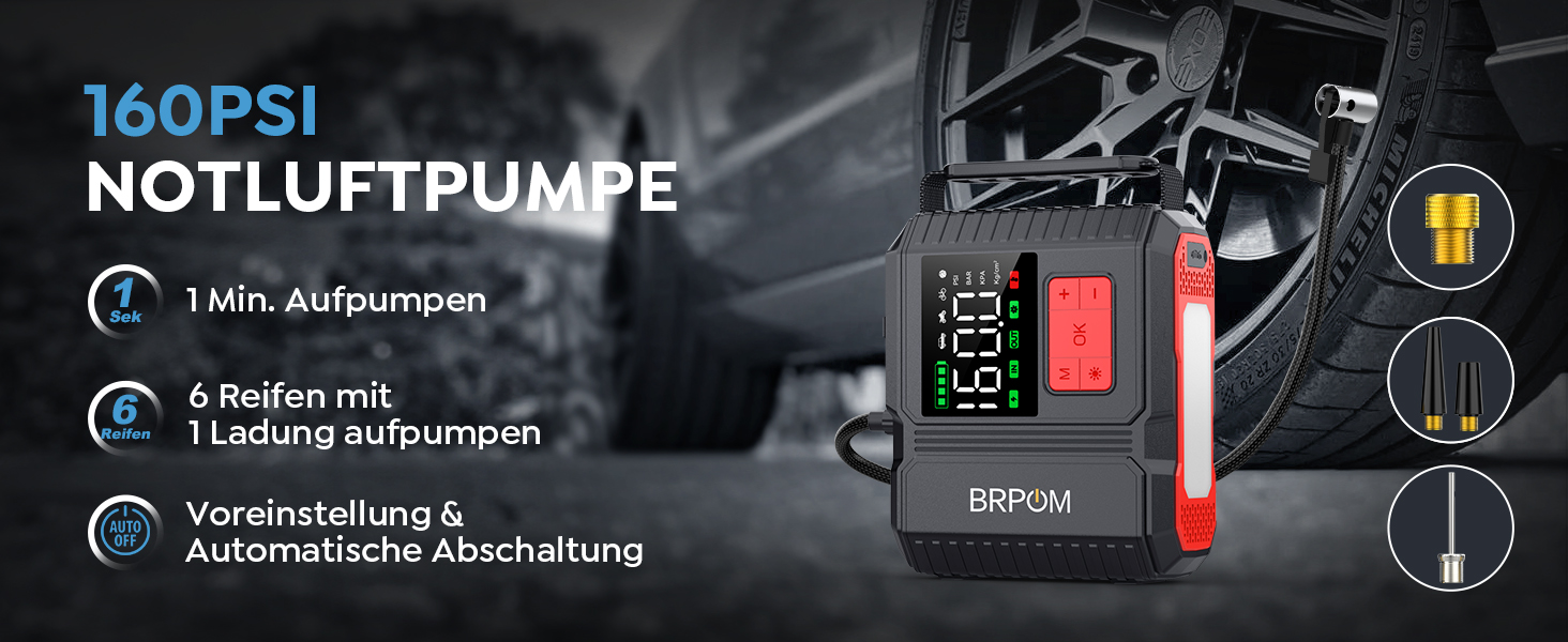 Портативний пусковий пристрій BRPOM з компресором та LED-ліхтарем, 26800mAh, 160PSI, сумісний з бензиновими та дизельними двигунами (до 12.0L)