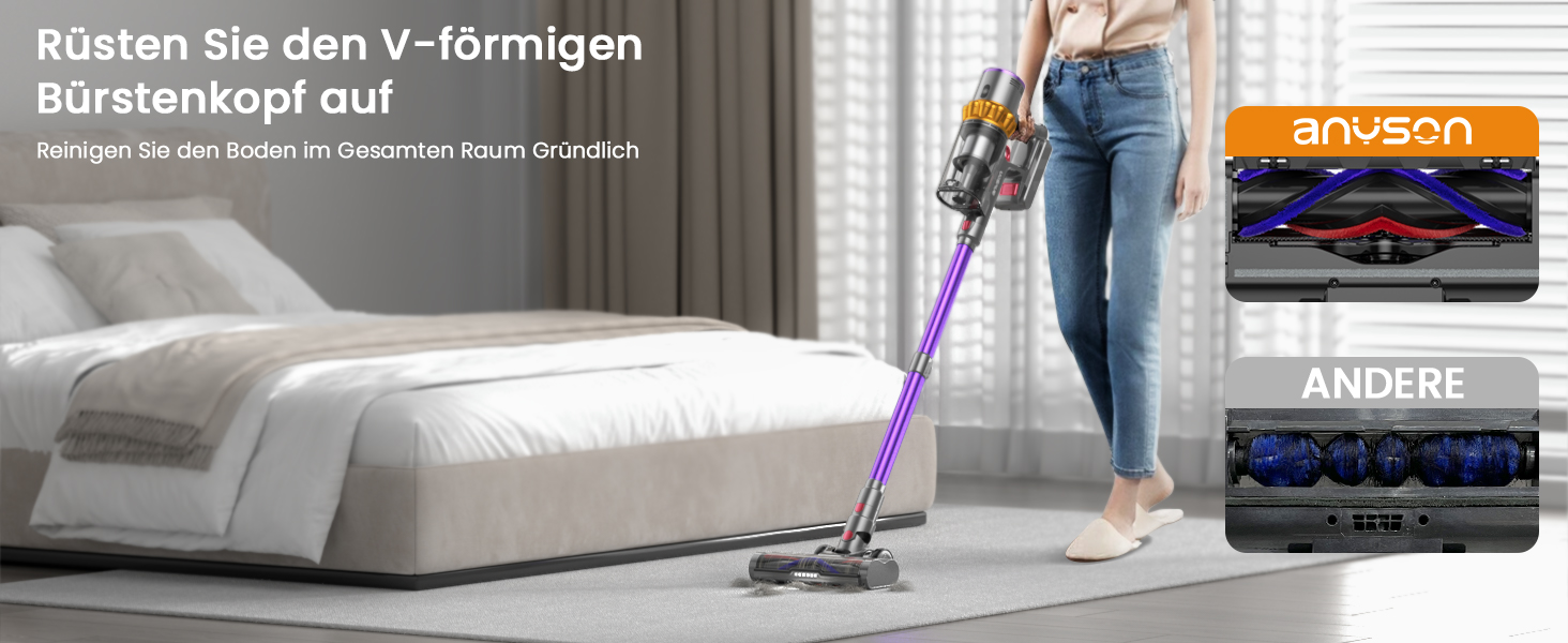 Бездротовий пилосос Anyson 45000Pa потужністю 550W з акумулятором 70Min, об'єм 1.6L, LED дисплей, антизаплутана щітка, для твердих поверхонь, килимів, шерсті тварин