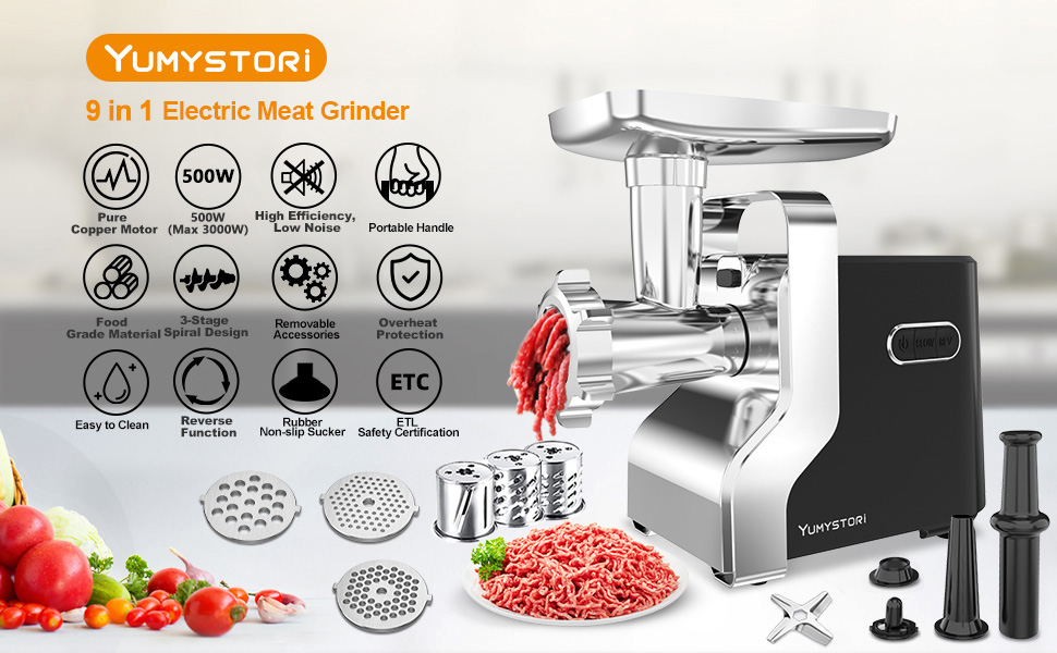 Електрична м'ясоподрібнювач Fleischwolf, мультифункціональна модель з трьома насадками для нарізки, з насадкою для ковбас та для випікання, 3 сталеві диски, чорний