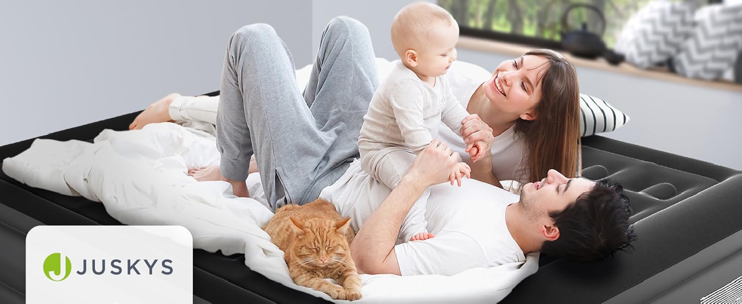 Надувний матрац Juskys самонадувний 150x200 см - 2 місця з вбудованим насосом - ідеальний для гостей та кемпінгу - водонепроникний, блакитно-білий (чорний, двоспальний)