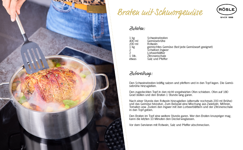 Набір каструль RÖSLE Basic Line 4 шт. з нержавіючої сталі 18/10, склокришки, зручний бортик, індукційне дно, придатний для миття в посудомийній машині, сріблястий/чорний