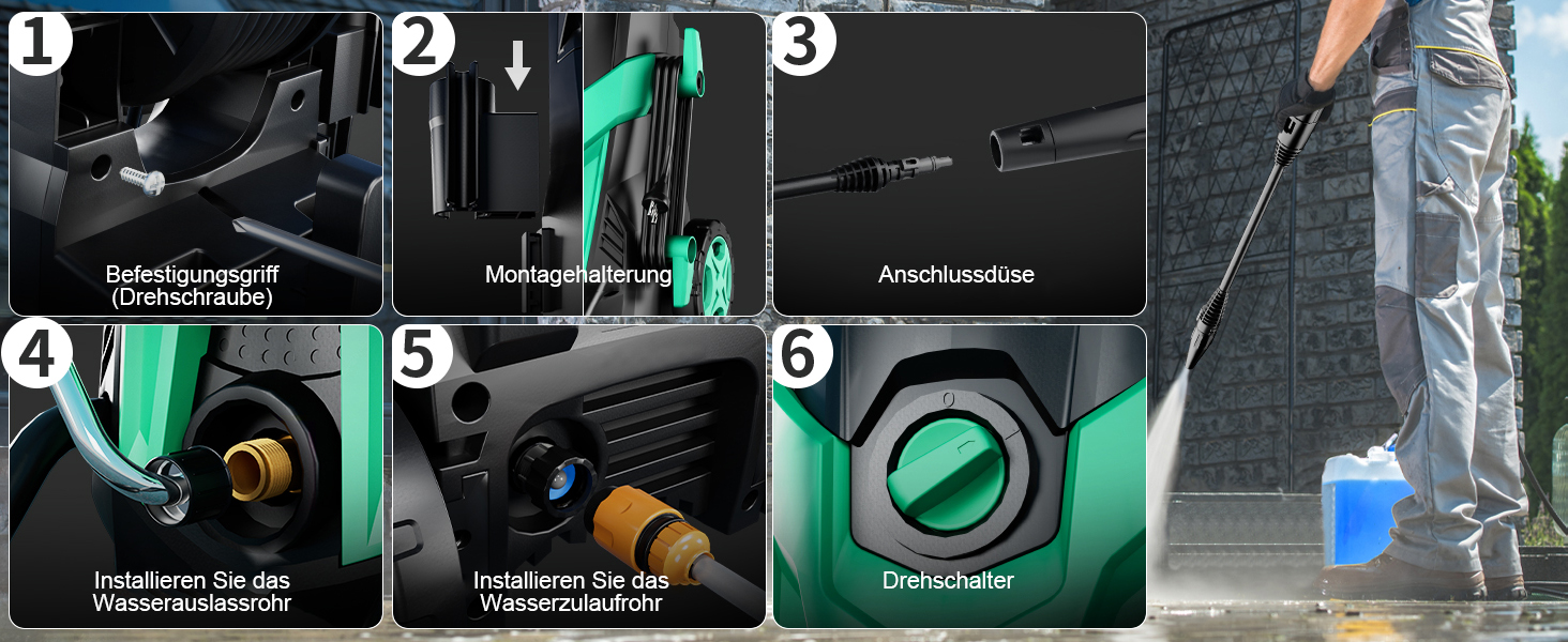 Високотискний мийник 180 Bar, 6-в-1 насадка, продуктивність 420л/год, площа прибирання 50м²/год, економний, з піночистою та барабаном для шлангу, для автомобілів та під'їздів (Блакитний)