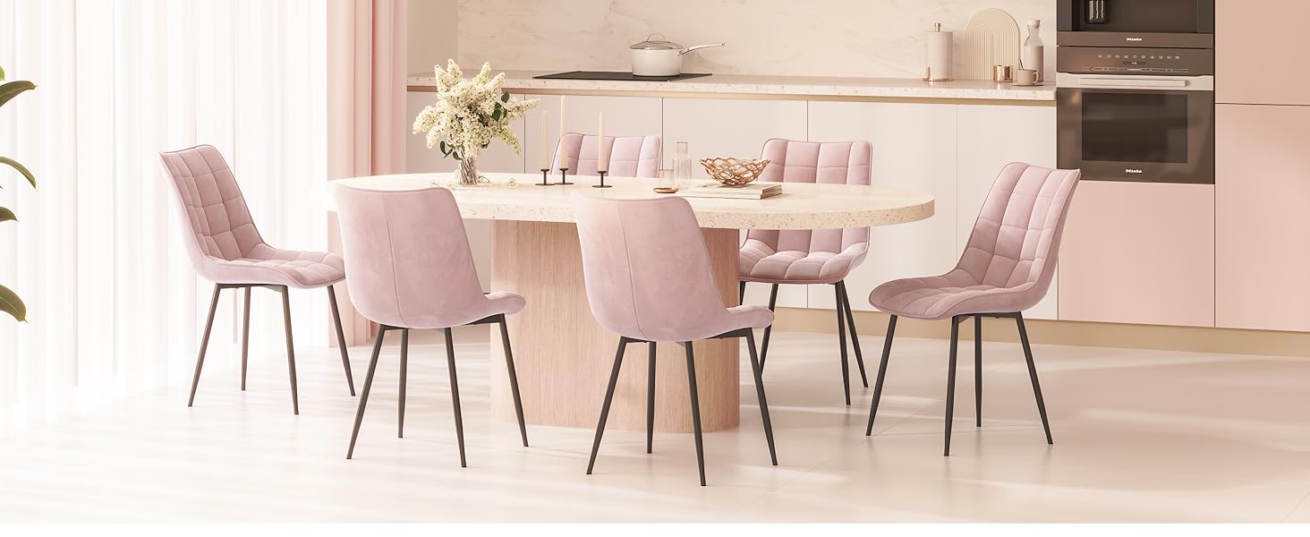 Набір обідніх стільців WOLTU, 8 шт., рожеві, для кухні, вітальні, їдальні, м'яке сидіння з велюру, металеві ніжки, до 150 кг