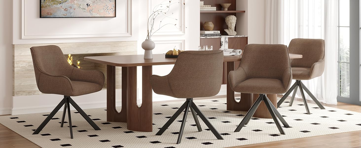 Обідні крісла поворотні 6 шт. з підлокітниками – 360° обертання, м'яке крісло з льону, сучасний поворотний стіл для кухні з металевим каркасом та спинкою для їдальні, вітальні, офісу, коричневий. 6 шт.