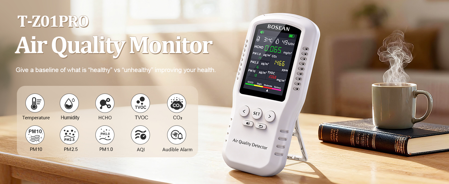 Аналізатор якості повітря 9 в 1 T-Z01: вимірювач CO2, TVOC, HCHO, PM2.5, PM10, PM1.0, температури та вологості для дому, офісу та школи