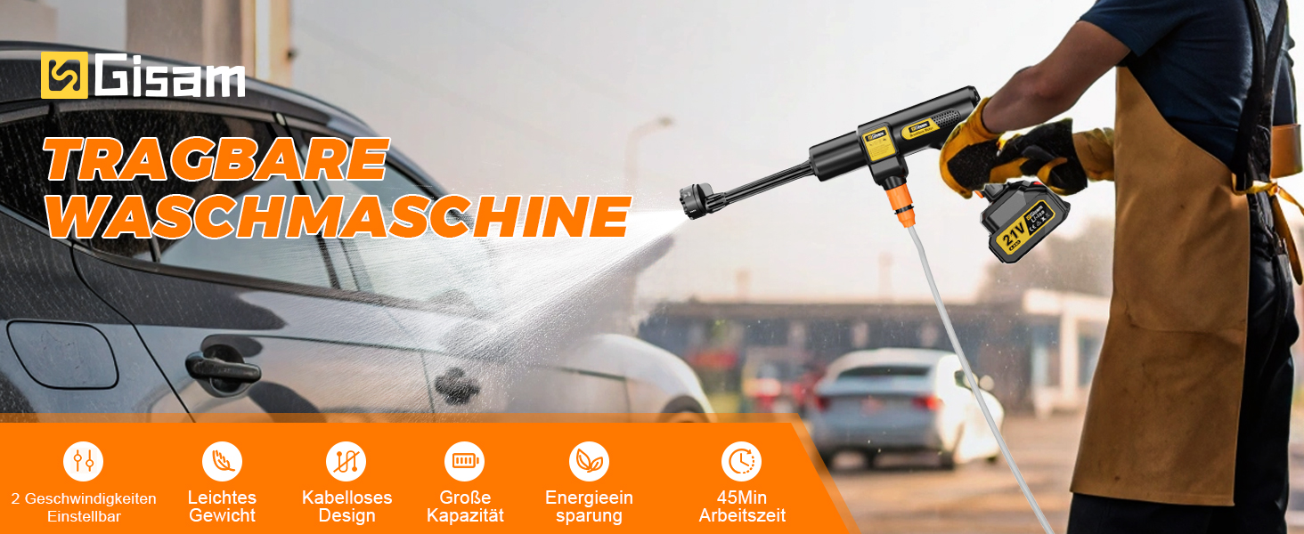Акумуляторний високонапірний мийник Gisam, 65 Bar, 943 PSI, 2 x 4000mA, з піноплавником, 6-в-1 насадка, поворотна на 180° для авто (Gisam-01)