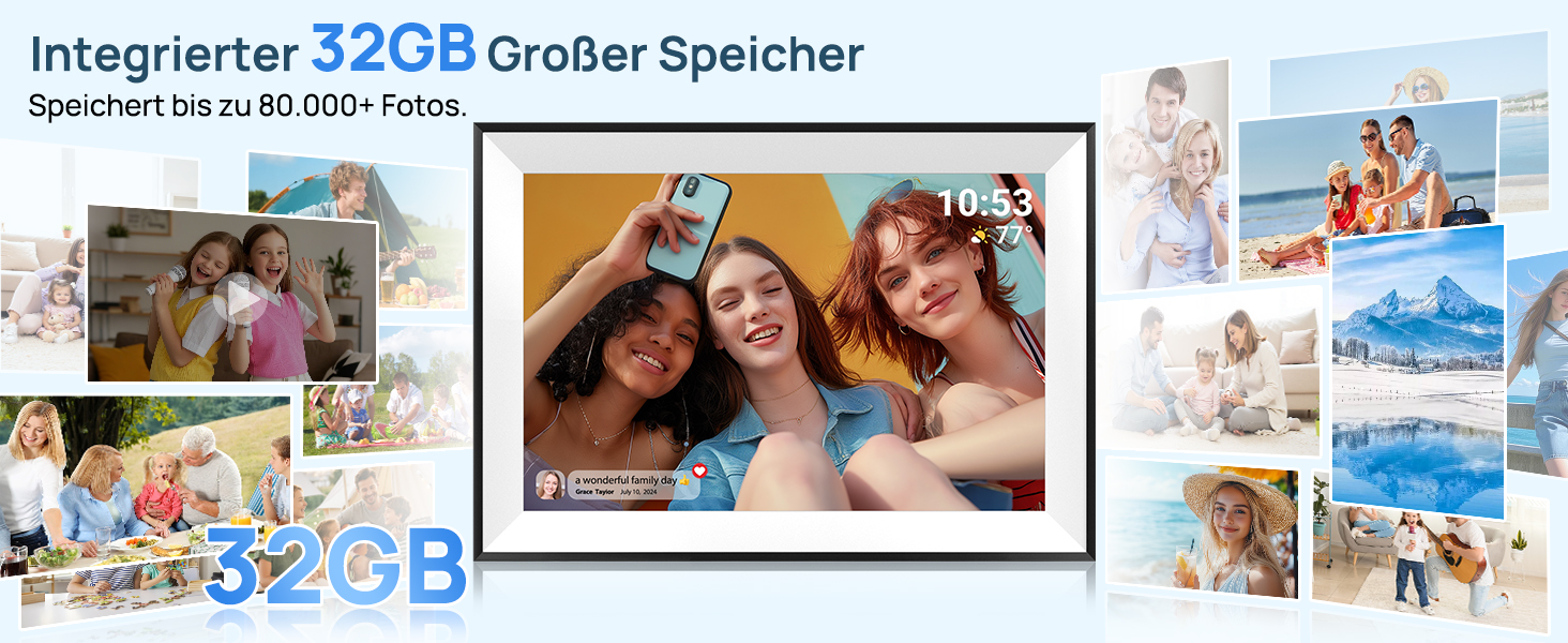 Цифрова фоторамка Frameo 10.1 дюймів WLAN, Full HD IPS сенсорний екран 1280x800, 32GB пам'ять, автоматичний поворот, можливість монтажу на стіну, керування через додаток Frameo (Чорна з білою рамкою)