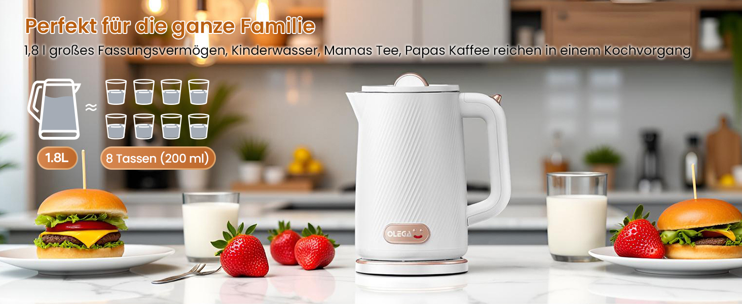 Електричний чайник OLEGA 1.8L, 1800W, з нержавіючої сталі, автоматичне відключення, захист від сухого кип'яття, білий