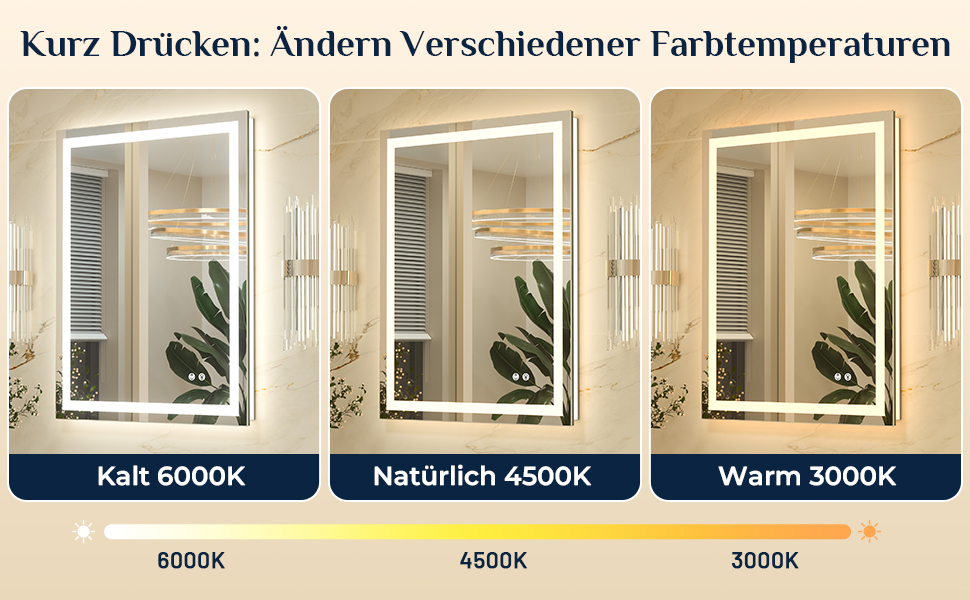Дзеркало для ванної кімнати Keonjinn з підсвічуванням 50x70 см, без запотівання, LED, сенсорне керування, 3 кольори, регулювання яскравості, пам'ять, без рамки
