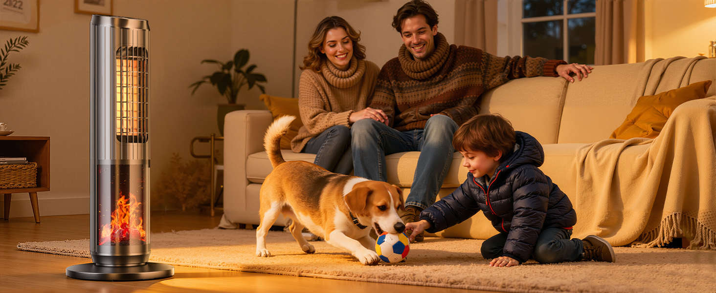 Електричний обігрівач керамічний 2000W з пультом, ефект каміну, термостат, осциляція 70°, ECO режим, 3 режими, таймер 1-8 год, захист від перегріву та перекидання, тихий для офісу та вітальні