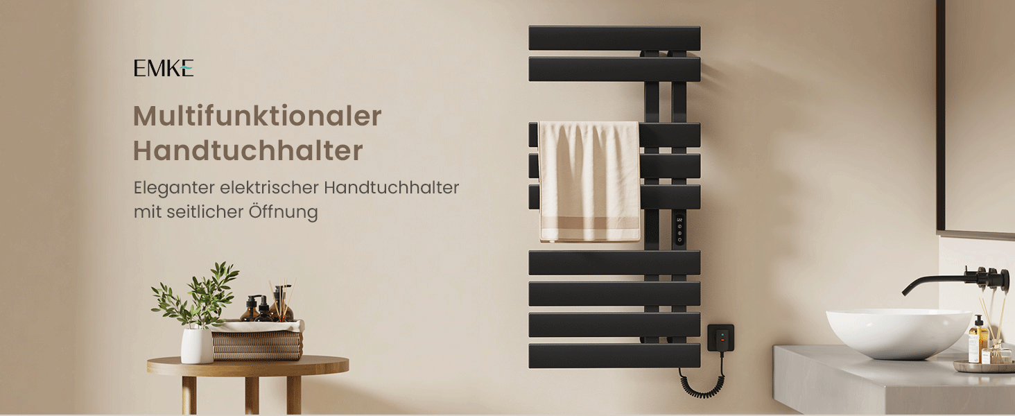 Електричний рушникосушар EMKE з Wi-Fi, 1000 x 500 мм, 320W (правий), чорний. Сумісний з Alexa та Google Home