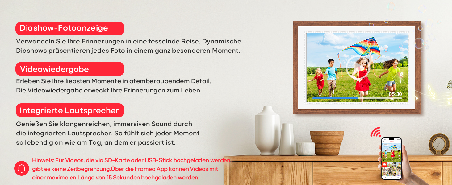 Frameo Цифровий фоторамка 10,1 дюйма, HD 1280*800 IPS сенсорний екран, 32GB пам'ять, автоповорот, Frameo App для обміну фото та відео, 15 дерев'яних текстур (білий)