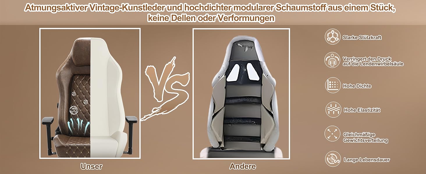 Крісло ігрове WOLTU, офісне ергономічне, з інтегрованим губчастим наповнювачем, підтримкою попереку, підставкою для ніг та підлокітниками, вінтажне, з штучної шкіри та металевим каркасом, коричневе