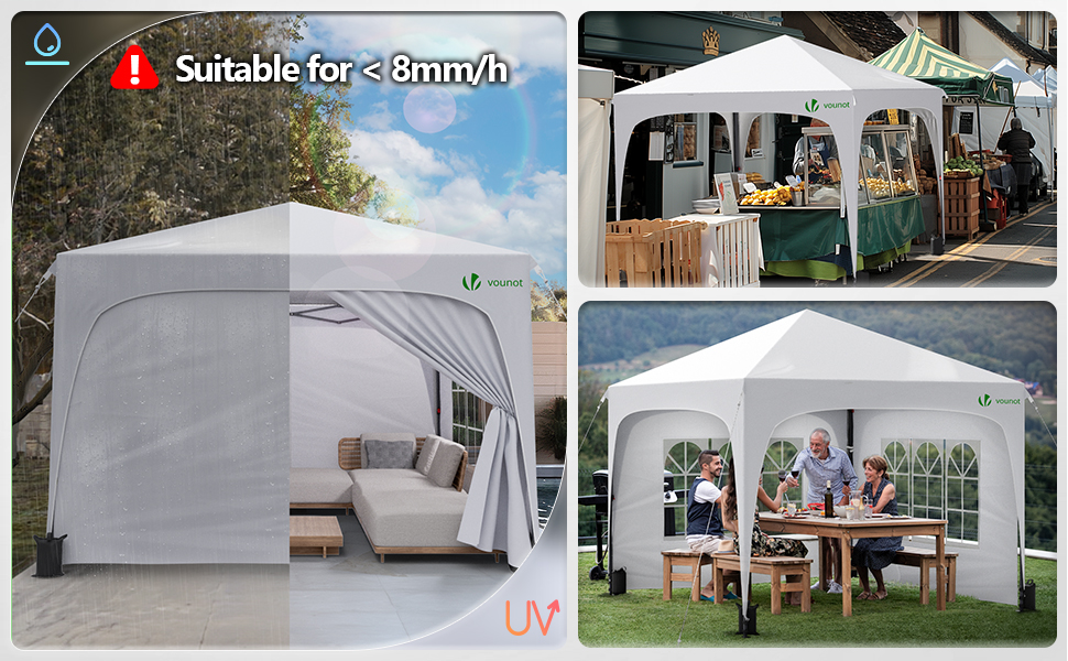 VOUNOT® Альтанка 3x3м з боковинами та мішками для вантажу, розкладна водонепроникна альтанка для саду та вечірок, біла, у сумці