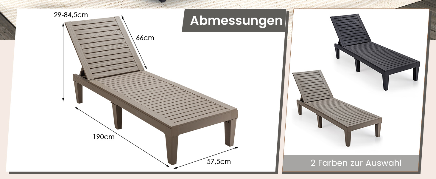 Лежак для відпочинку Giantex для саду та тераси, чорний, з регульованою спинкою, 190x57,5x29 см, до 180 кг