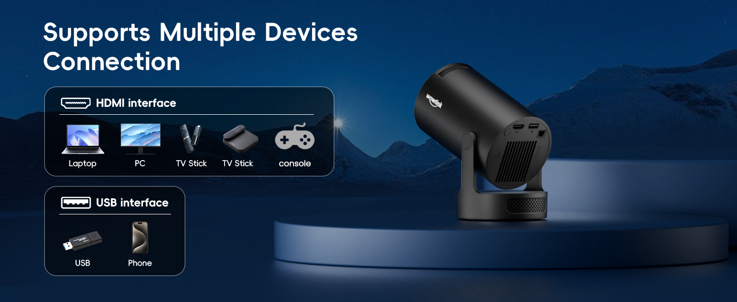 Портативний проєктор Mini Beamer 4K/1080P з WiFi 6 та Bluetooth 5.4. Підтримка HDMI, TV Stick, Memory Stick, Laptop. Автоматичне вирівнювання Keystone, чорний