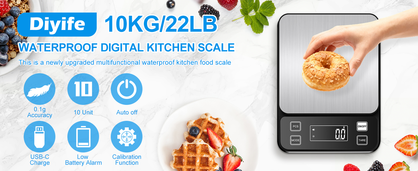 Кухонні ваги Diyife 10 кг, 0,1 г, з нержавіючої сталі, LCD-дисплеєм, функцією тарування та підрахунку, чорні